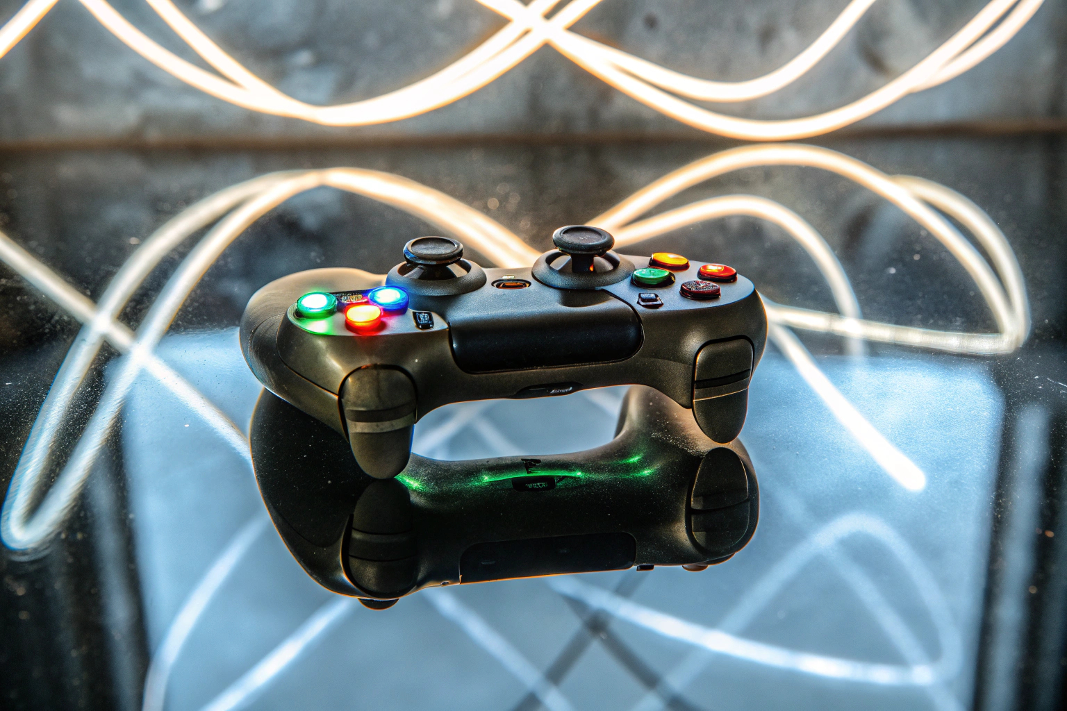 Ein Gaming-Controller mit RGB-Beleuchtung in Aktion, umgeben von einem dynamischen Hintergrund. RGB Gaming-Controller