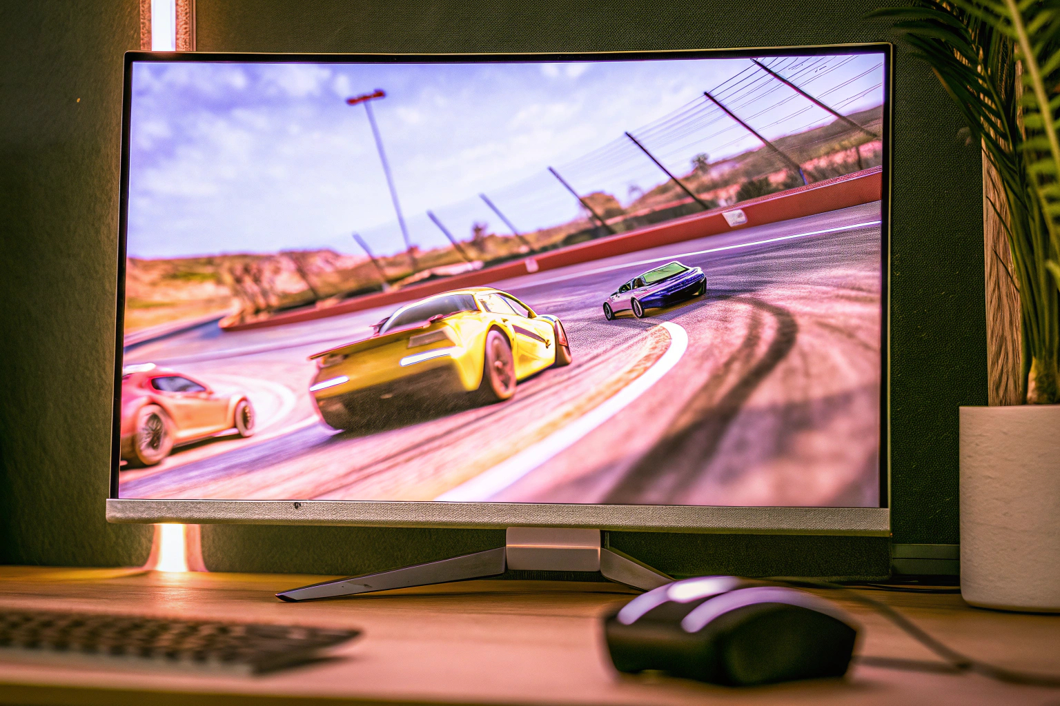 Ein Gaming-Monitor bei der Anzeige eines schnellen Rennspiels, das die Vorteile einer hohen Bildwiederholfrequenz zeigt. Bildwiederholfrequenz-Einstellungen für flüssiges Gaming