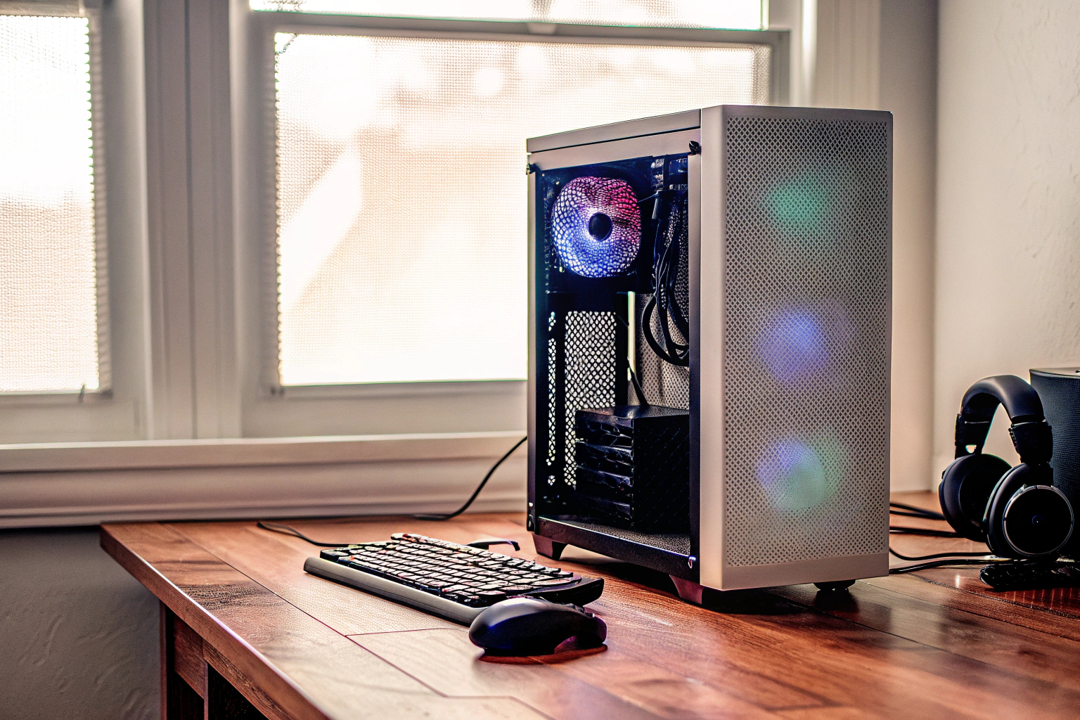 Ein Gaming-PC mit effizienter Verkabelung und modernen Komponenten, die für Energieeffizienz optimiert sind. Energieeffizienter Gaming-PC