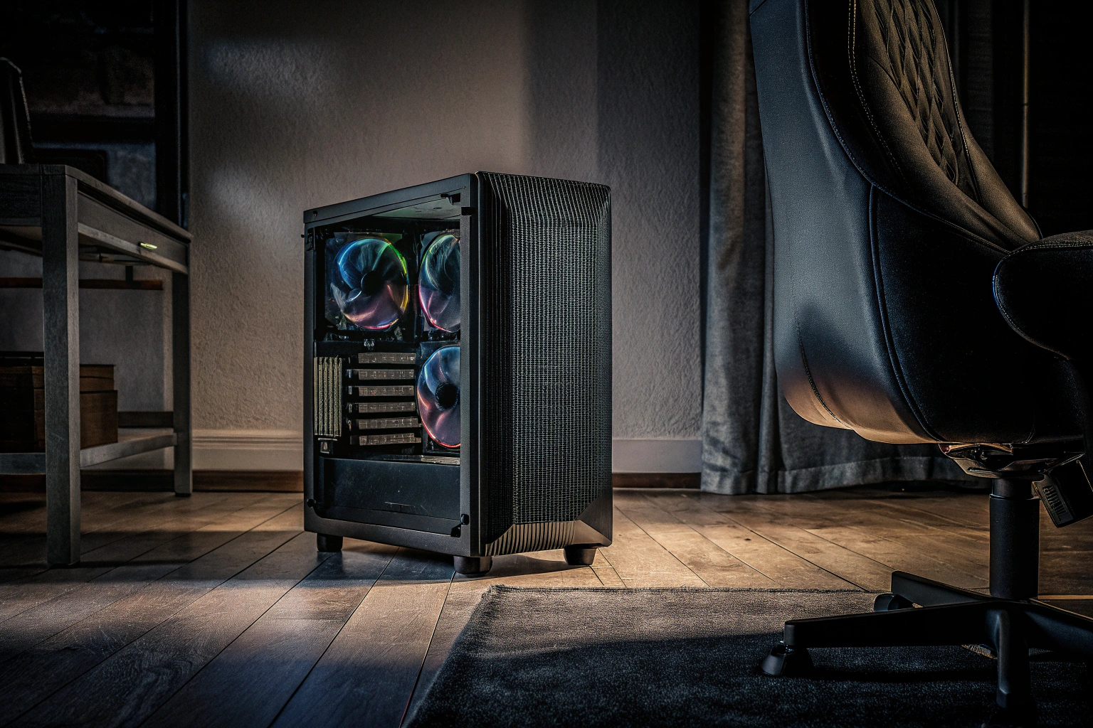 Ein Gaming-PC mit leuchtenden LED-Leuchten in einem abgedunkelten Raum, der Spitzentechnologie und Stil widerspiegelt. Gaming-PC mit LED-Leuchten