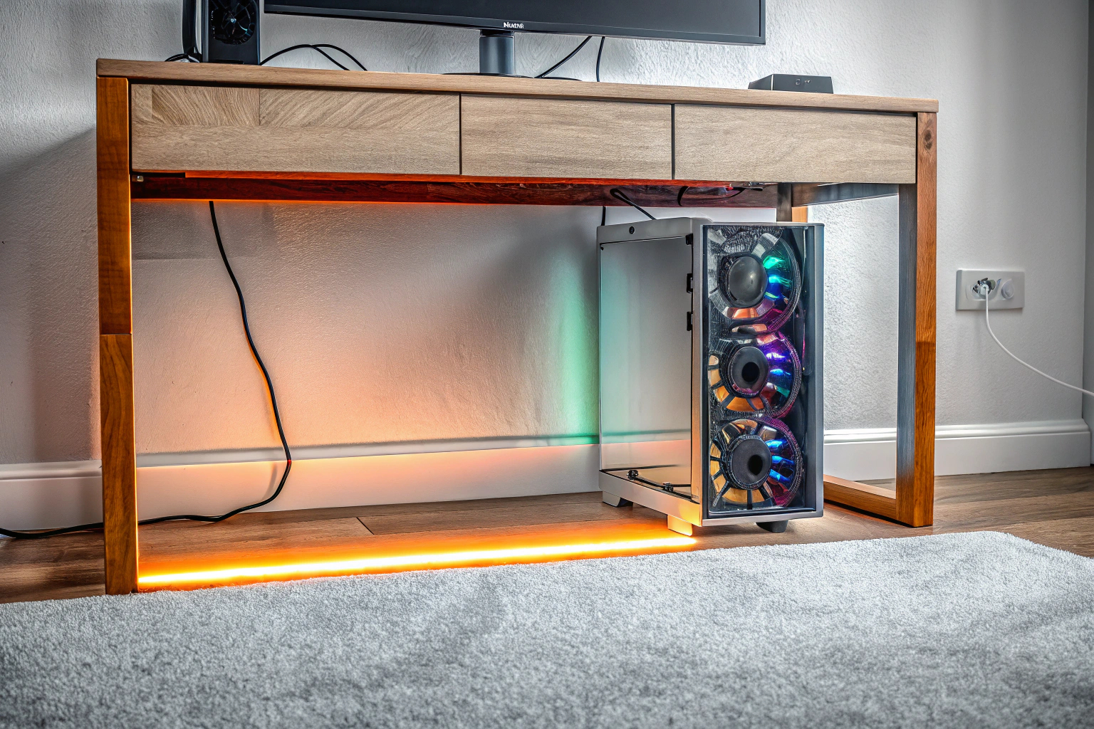 Ein Gaming-PC mit RGB-Beleuchtung unter dem Schreibtisch Gaming-PC mit RGB-Beleuchtung