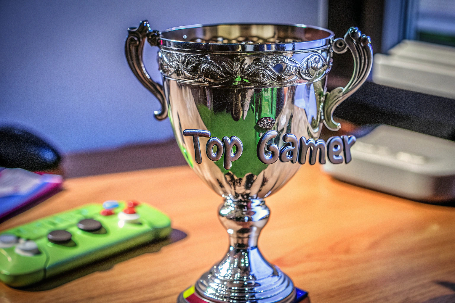 Individueller Gaming-Pokal auf einem Schreibtisch