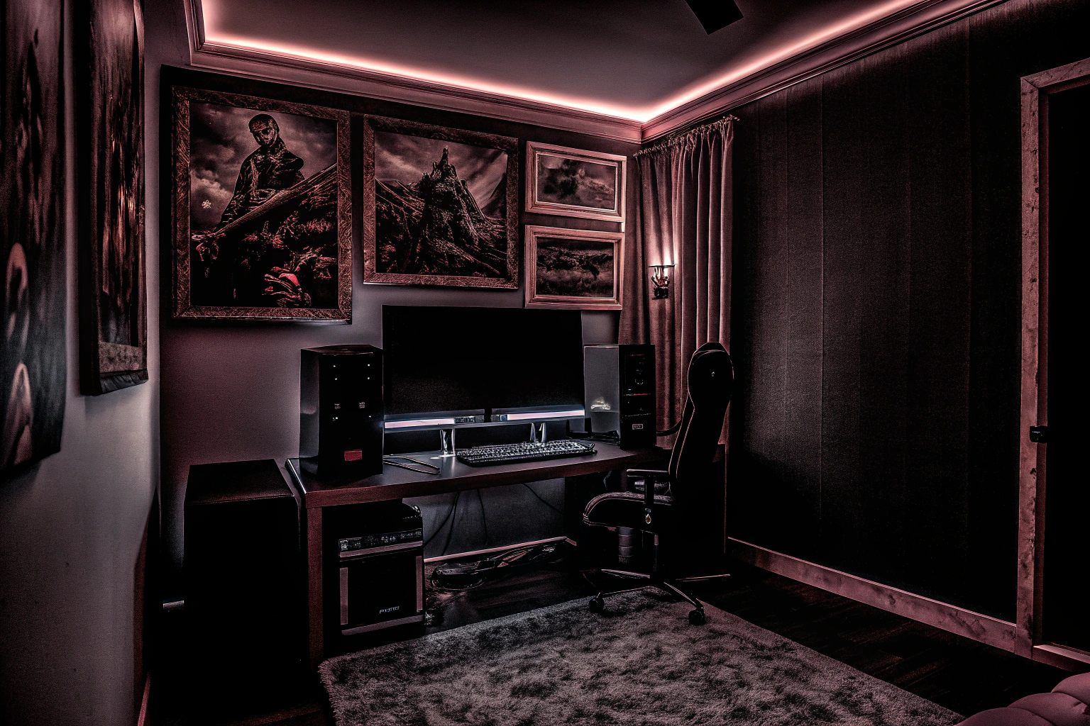 Ein Gaming-Raum mit moderner LED-Beleuchtung und kreativen Dekorationselementen. Moderner Gaming-Raum mit LED-Beleuchtung