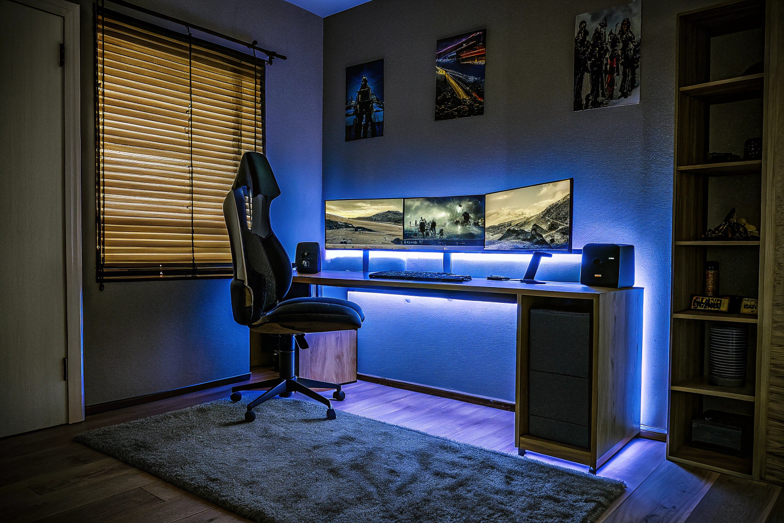 Ein Gaming-Raum mit stimmungsvoller RGB-Beleuchtung. Gaming-Raum mit RGB-Beleuchtung
