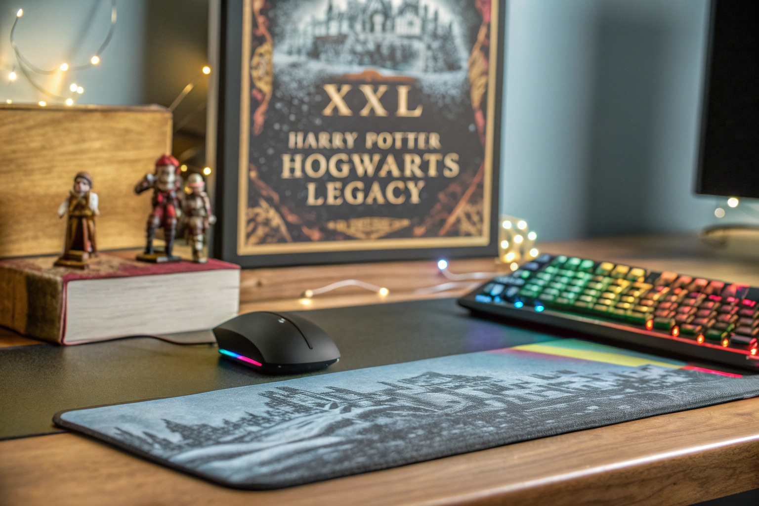 Ein Gaming-Setup mit einem Harry Potter Hogwarts Legacy Gaming Mauspad XXL und stilvoller Dekoration. Gaming-Setup mit Harry Potter Mauspad