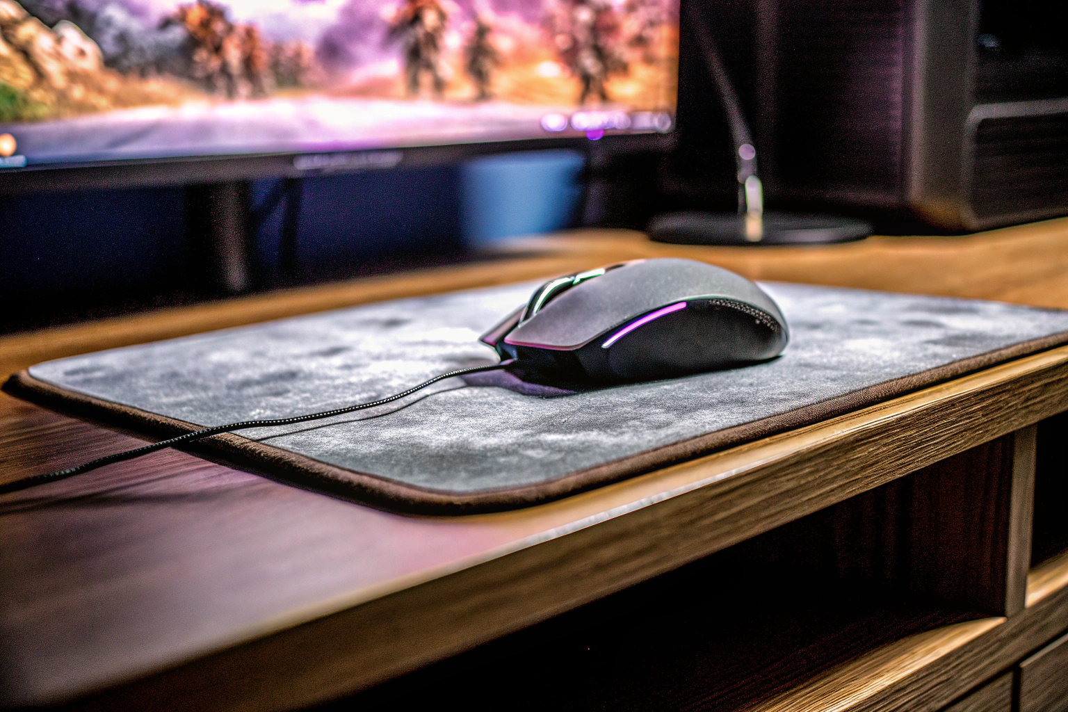 Ein Gaming-Setup mit einem hochwertigen Mauspad und einer Gaming-Maus. Gaming-Setup mit Mauspad