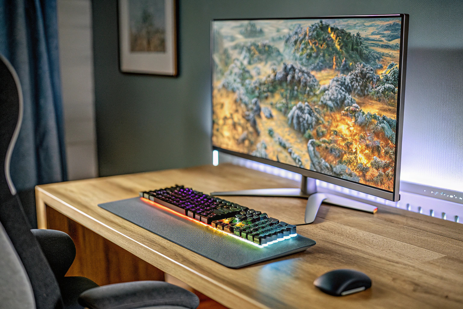 Ein Gaming-Setup mit einem modernen Monitor, Tastatur und Maus, das den Komfort und die Immersion bei Spielen zeigt. Gaming-Setup mit Monitor, Tastatur und Maus