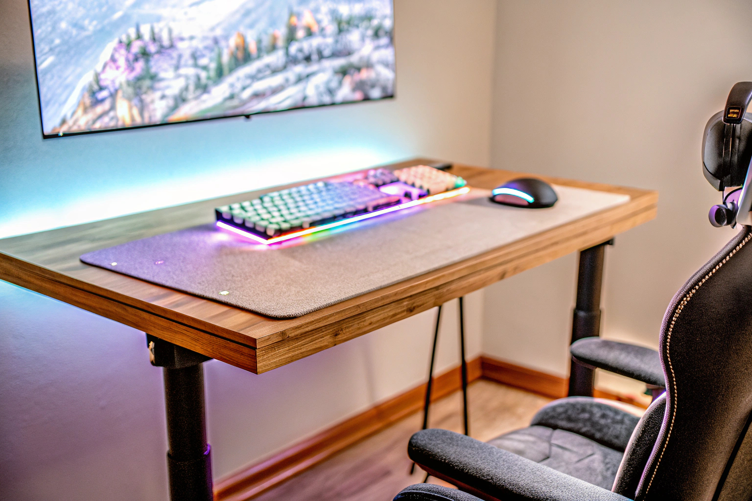 Ein Gaming-Setup mit Headset, Mauspad und Tastatur, das für intensive Gaming-Sessions vorbereitet ist. Gaming-Setup