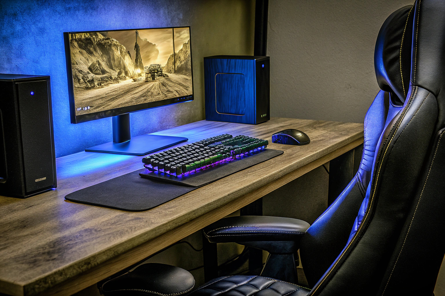 Ein Gaming-Setup mit leistungsstarker Hardware für Crossplay-Spiele. Gaming-Setup für Crossplay