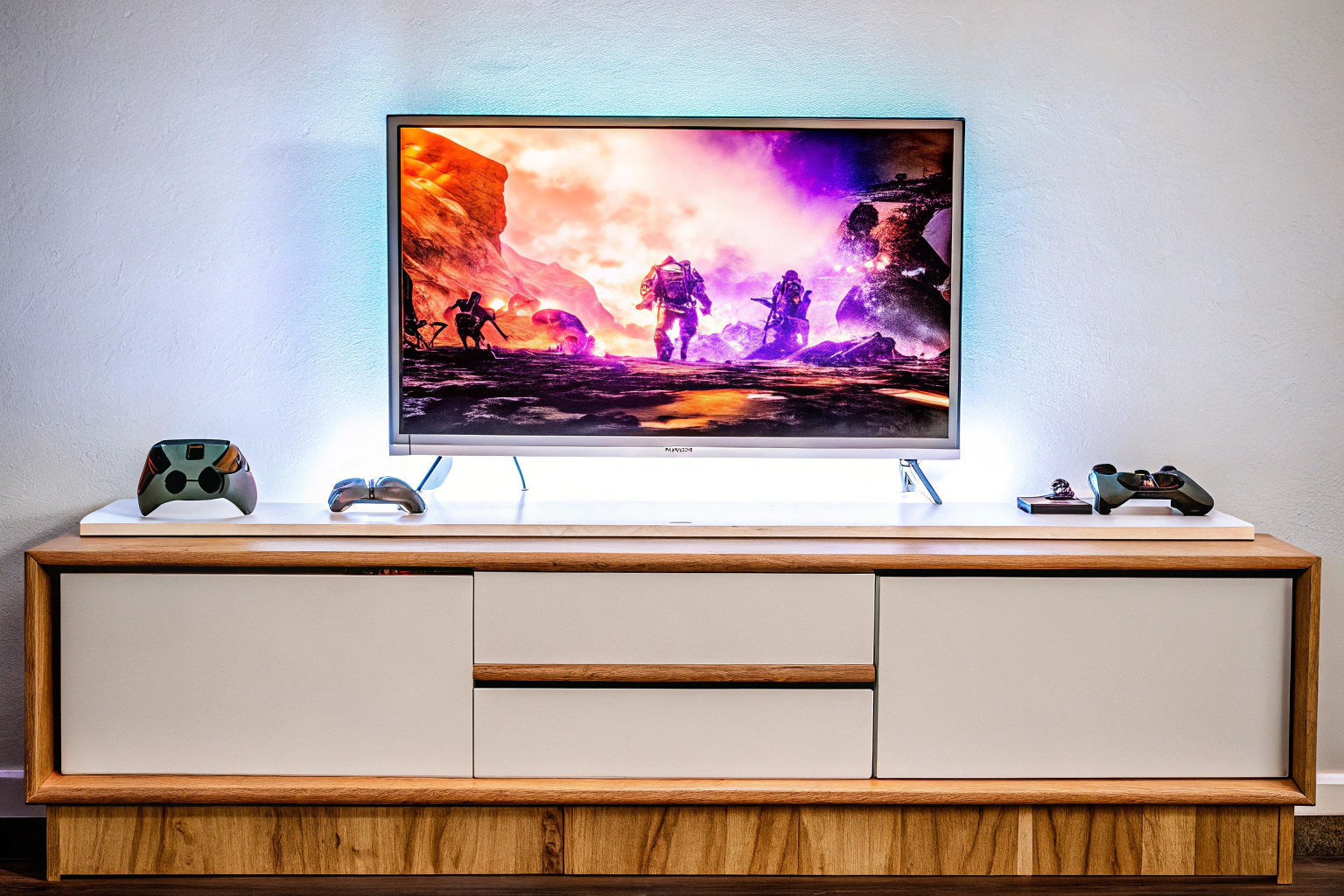 Ein Gaming-Setup mit mehreren Konsolen, Monitoren und einem hochwertigen Gaming-Headset. Gaming-Setup mit mehreren Konsolen