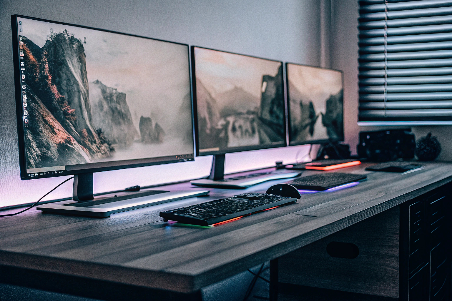 Ein Gaming-Setup mit mehreren Monitoren, das die Vorteile von VESA-Mounts zeigt. VESA-kompatibles Gaming-Setup