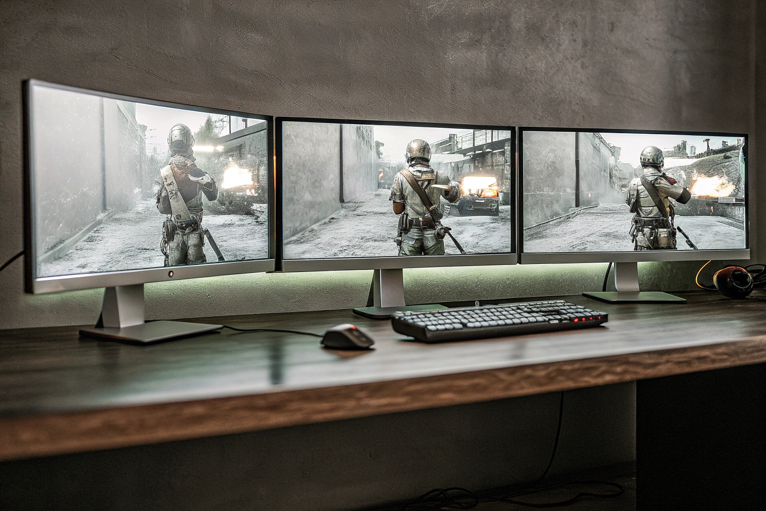 Ein Gaming-Setup mit mehreren Monitoren für ein immersives Spielerlebnis. Gaming-Setup mit mehreren Monitoren