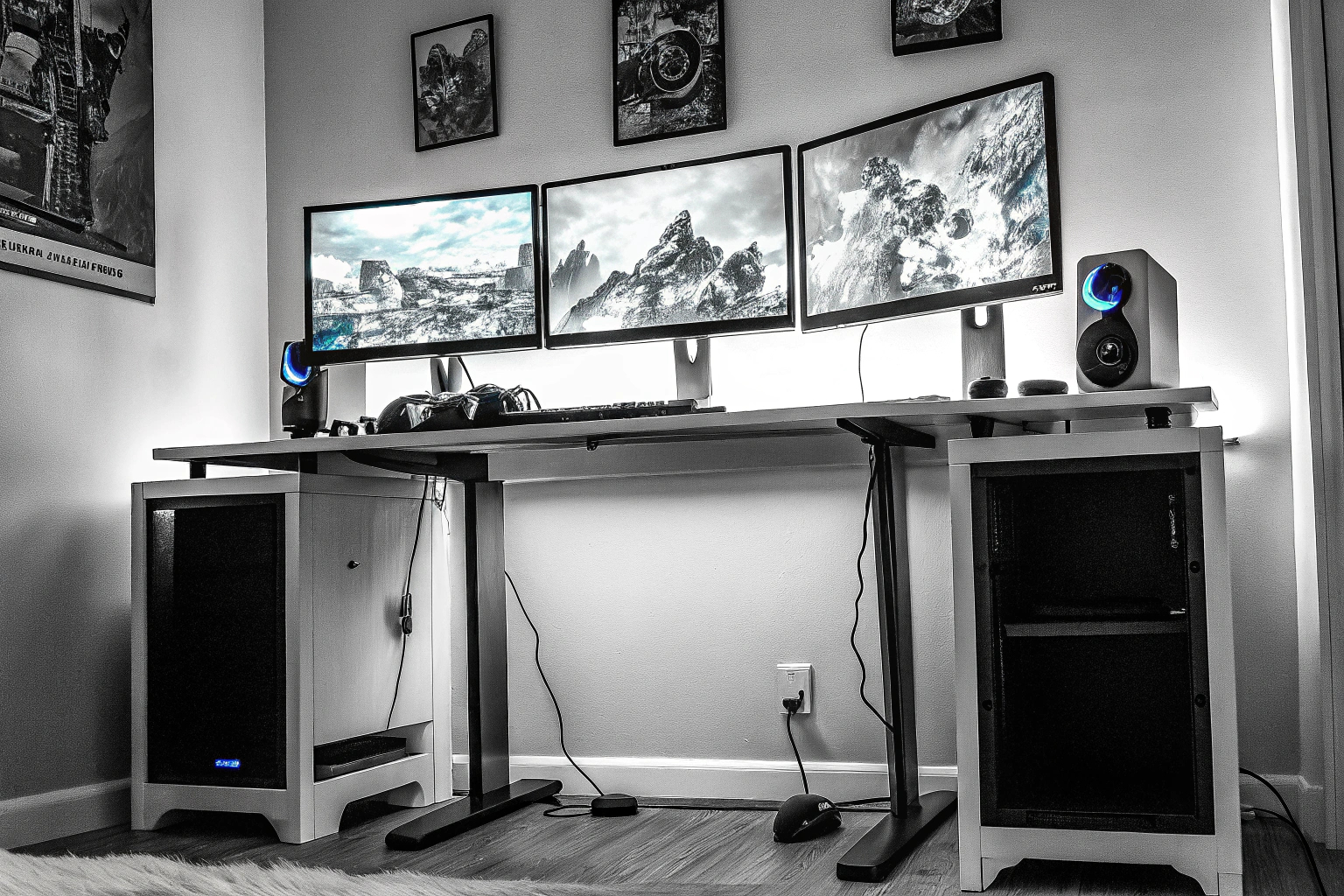 Ein Gaming-Setup mit mehreren Monitoren, umgeben von LED-Beleuchtung. Multi-Monitor Gaming-Setup