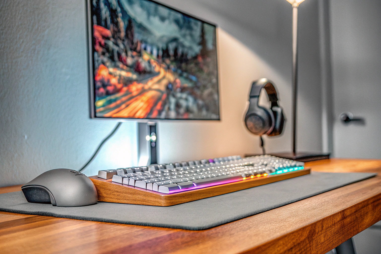 Ein Gaming-Setup mit Monitor, Tastatur, Maus und Headset. Gaming-Setup mit Monitor, Tastatur, Maus und Headset