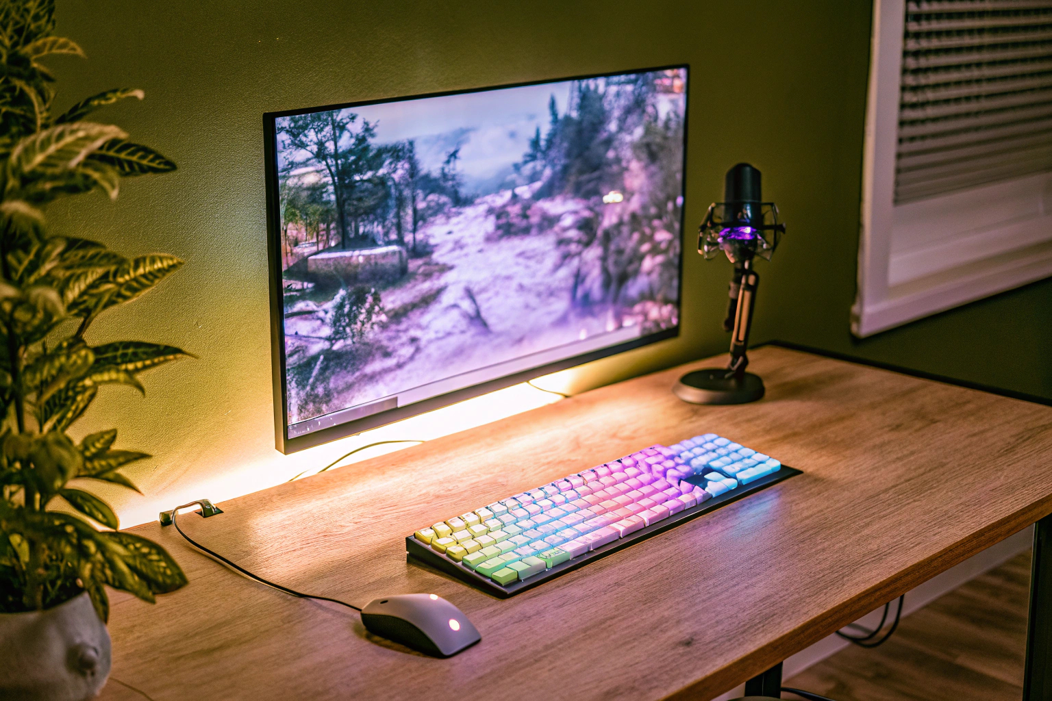 Ein Gaming-Setup mit RGB-beleuchtetem Mikrofon und Monitor. Gaming-Setup mit RGB-Mikrofon