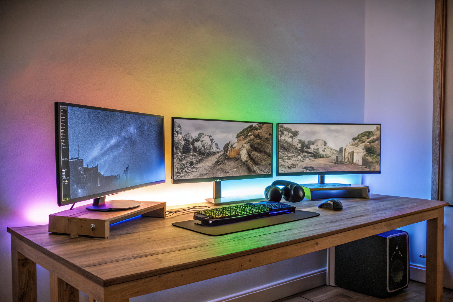 Ein Gaming-Setup mit RGB-Beleuchtung und mehreren Monitoren. RGB-Gaming-Setup mit mehreren Monitoren