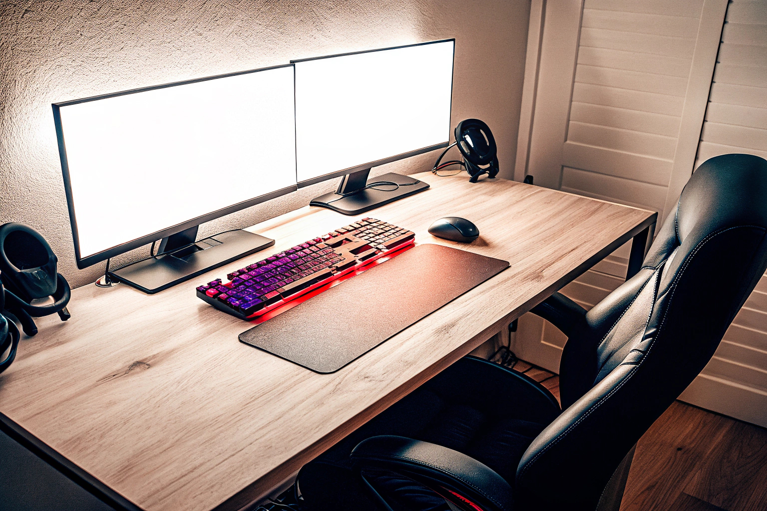 Ein Gaming-Tisch mit ergonomischem Design und viel Platz für Monitore und Zubehör. Ergonomischer Gaming-Tisch mit viel Platz