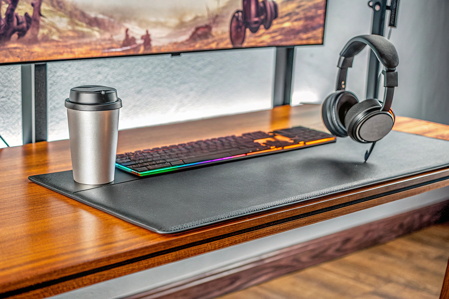 Ein Gaming-Tisch mit praktischen Features wie Getränkehalter und Kopfhörerhaken. Gaming-Tisch mit Features