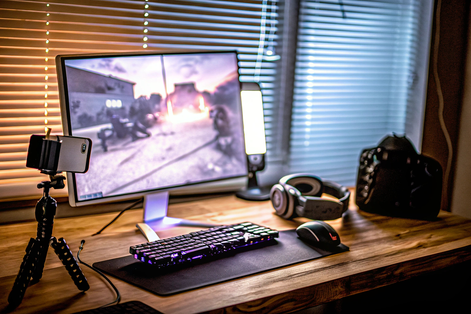 Ein Gaming-YouTuber bei einer spannenden Live-Übertragung, umgeben von hochwertiger Streaming-Ausrüstung. Gaming-YouTuber bei einer Live-Übertragung