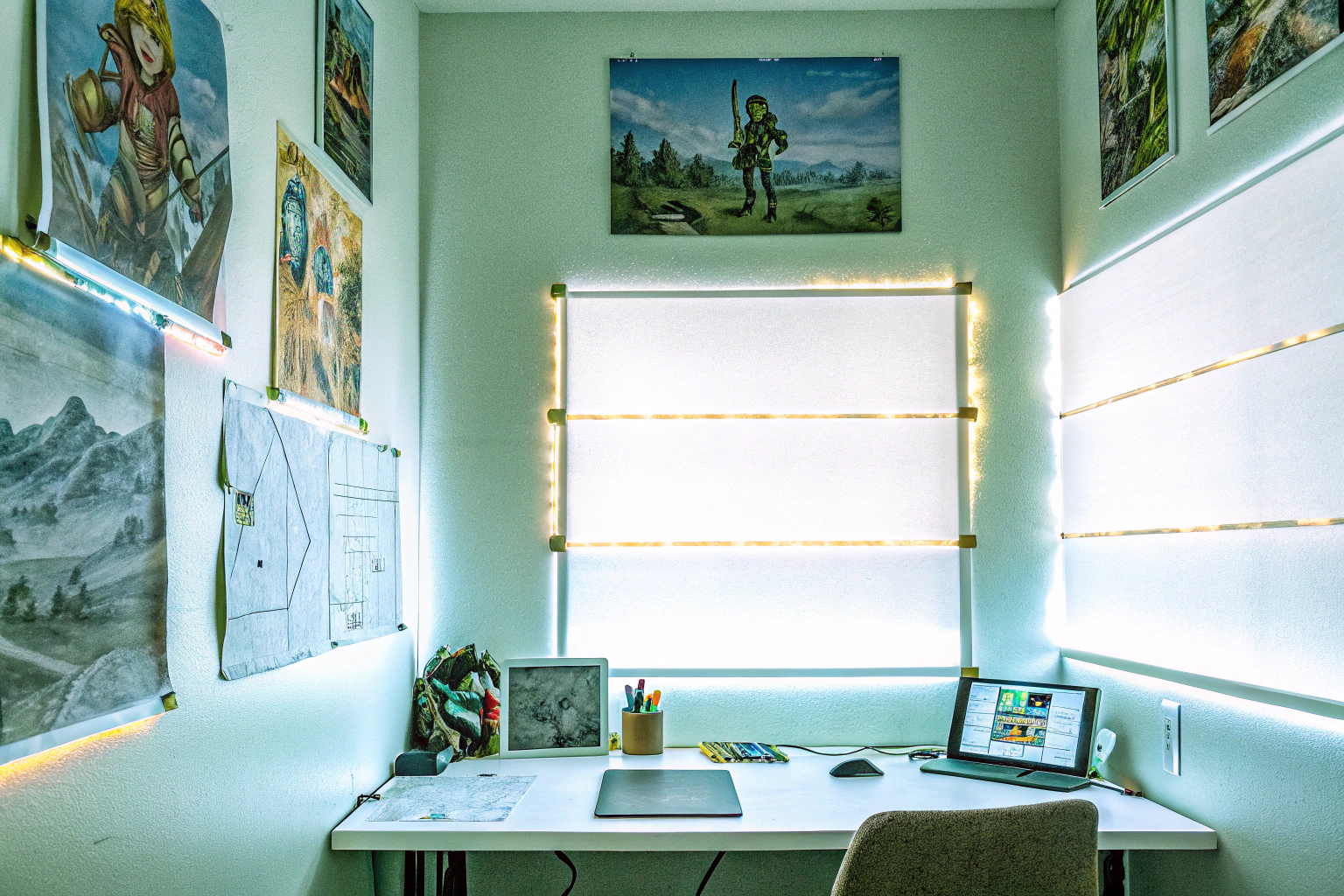 Ein Gaming-Zimmer mit thematischen Dekorationen wie Schildern und Neonlichtern. Dekoratives Gaming-Zimmer