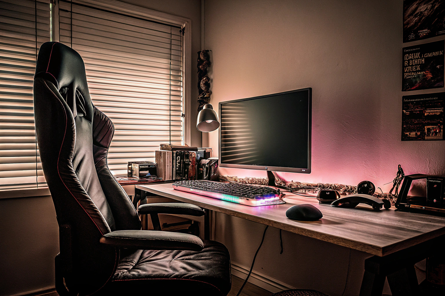 Ein gemütliches Gaming-Zimmer mit Gaming-Stuhl, Monitor und dekorativen Elementen. Gaming-Zimmer