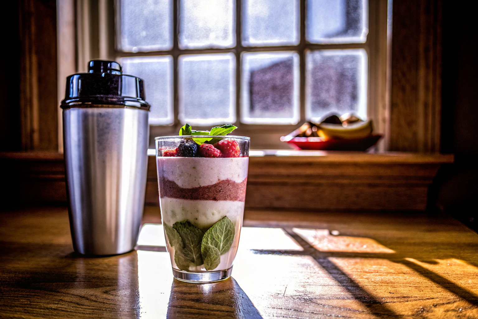 Ein gesunder Smoothie und ein Eiweißshaker auf einem Tisch. Gesunde Ernährung für Gamer