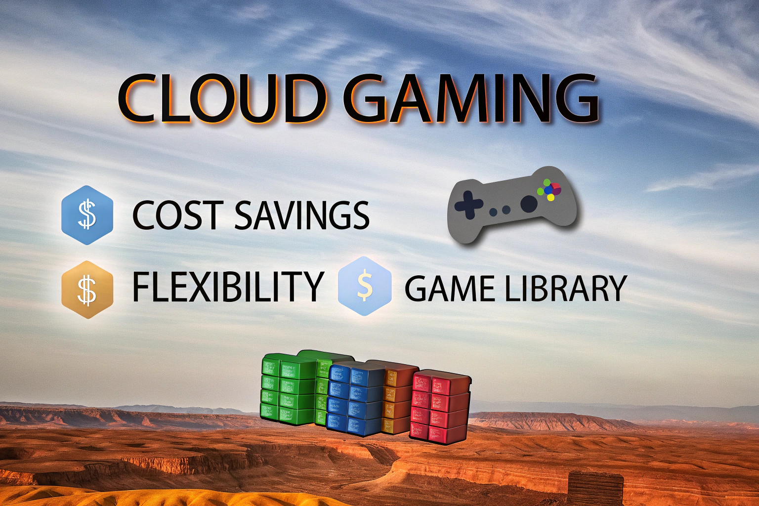 Ein Grafikbild, das die Vorteile des Cloud Gamings hervorhebt, einschließlich Kostenersparnis, Flexibilität und Spieleauswahl. Vorteile des Cloud Gamings