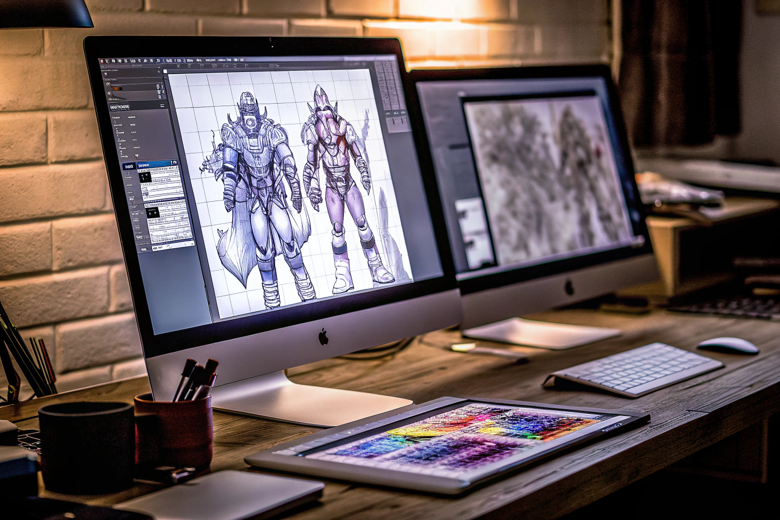 Ein Grafikdesigner, der an einem Computer arbeitet und Spielcharaktere entwirft. Grafikdesign für Spiele