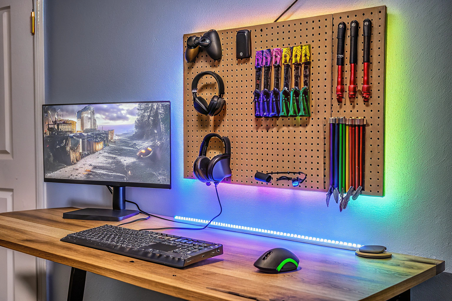 Ein gut organisiertes Gaming-Setup mit einem Stecktafel-Organizer an der Wand. Organisiertes Gaming-Setup