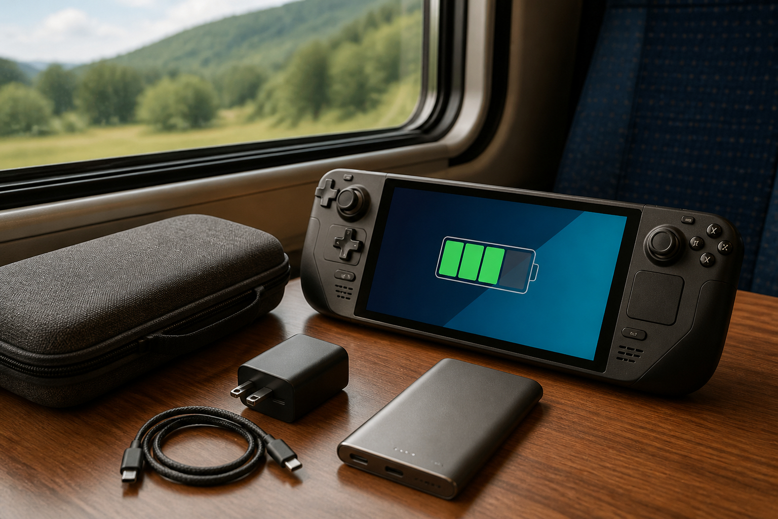 Handheld-PC mit Netzteil Powerbank und Schutzhülle auf Reisen