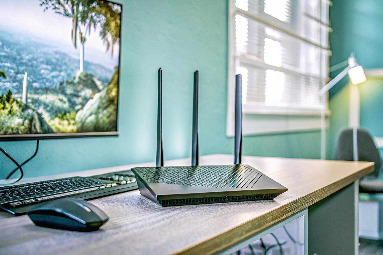 Ein HYPEREV Gaming WLAN Router, der in einem modernen Gaming-Setup eingesetzt wird, um die Leistung zu steigern. HYPEREV Gaming WLAN Router im Einsatz