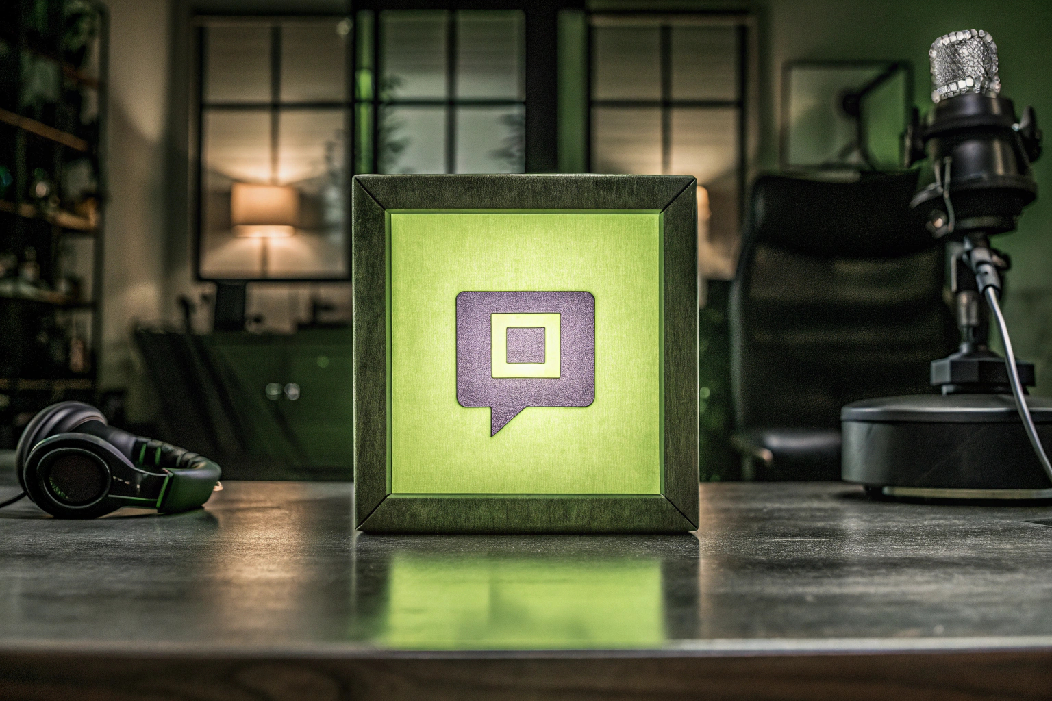 Ein individuelles Twitch-Schild, das in einem Streaming-Studio leuchtet. Personalisierbares Twitch-Schild für Streamer