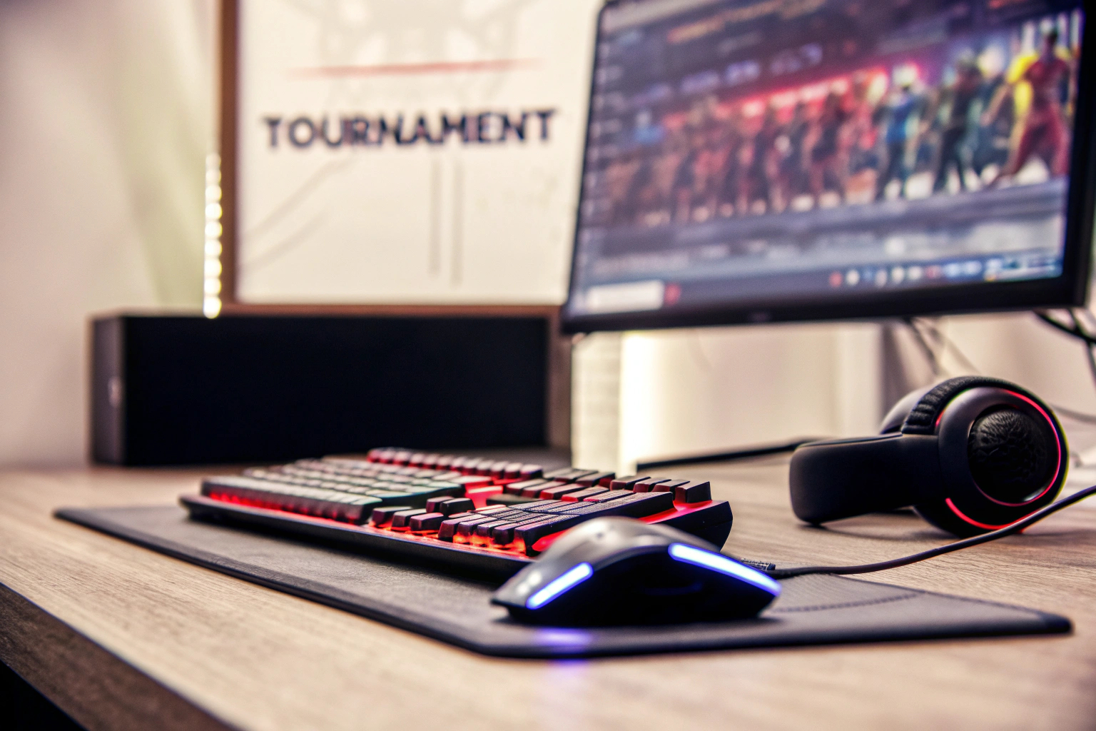 Ein junger Spieler, der an einem Esports-Turnier teilnimmt und konzentriert auf den Bildschirm schaut. Junger Esportler bei einem Turnier