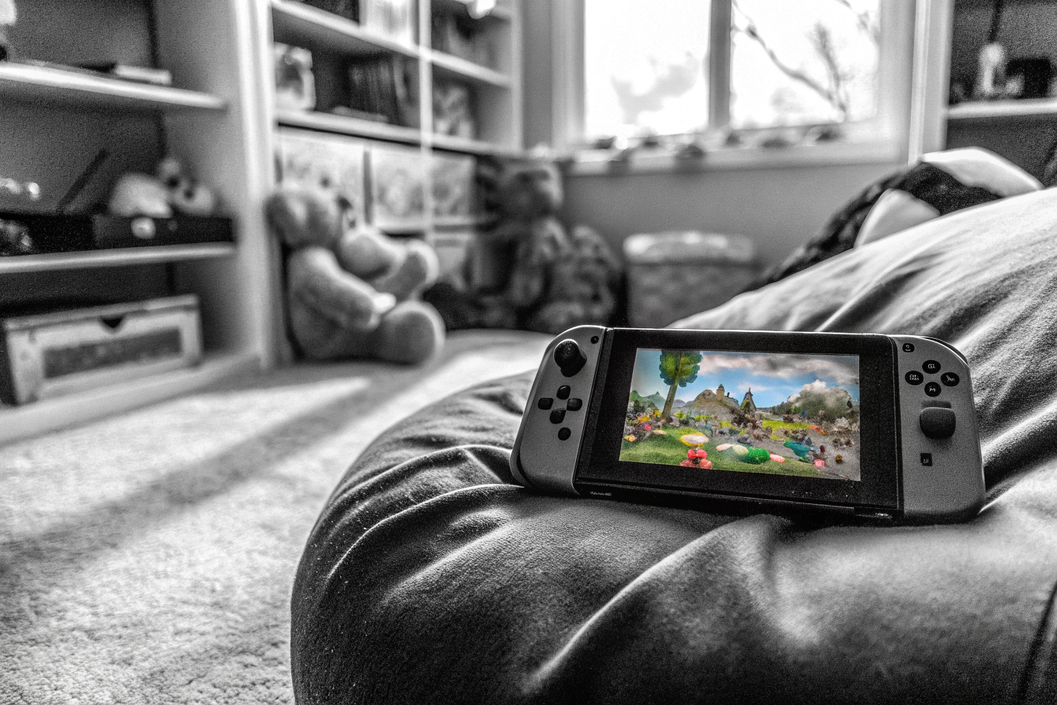 Ein Kind, das begeistert die Nintendo Switch spielt und in eine lebendige Spielwelt eintaucht. Kind spielt Nintendo Switch