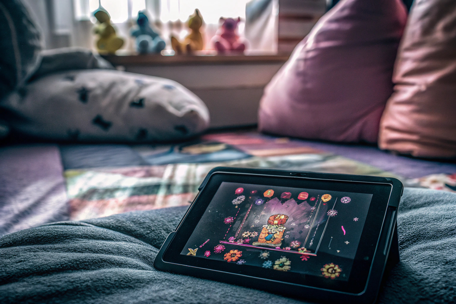 Ein Kind, das ein Free-to-Play-Spiel auf einem Tablet spielt. Kind beim Spielen eines Free-to-Play-Spiels
