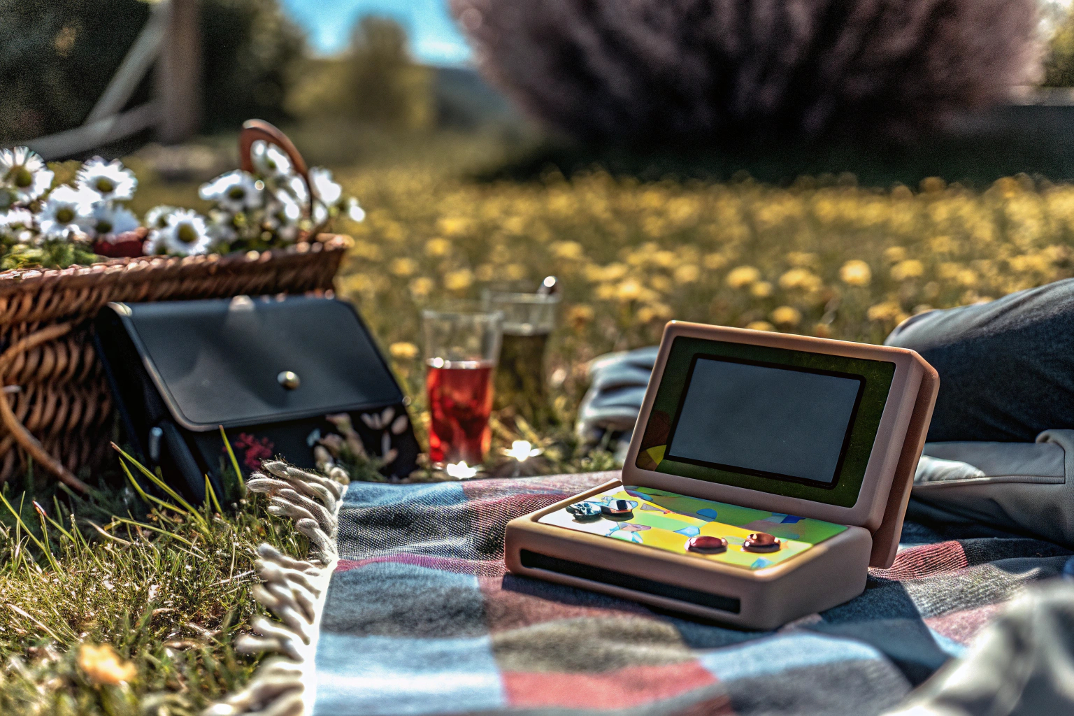 Ein Kind, das im Garten auf der KINMRIS R36S Retro Handheld Konsole spielt. Kind spielt Handheld Konsole