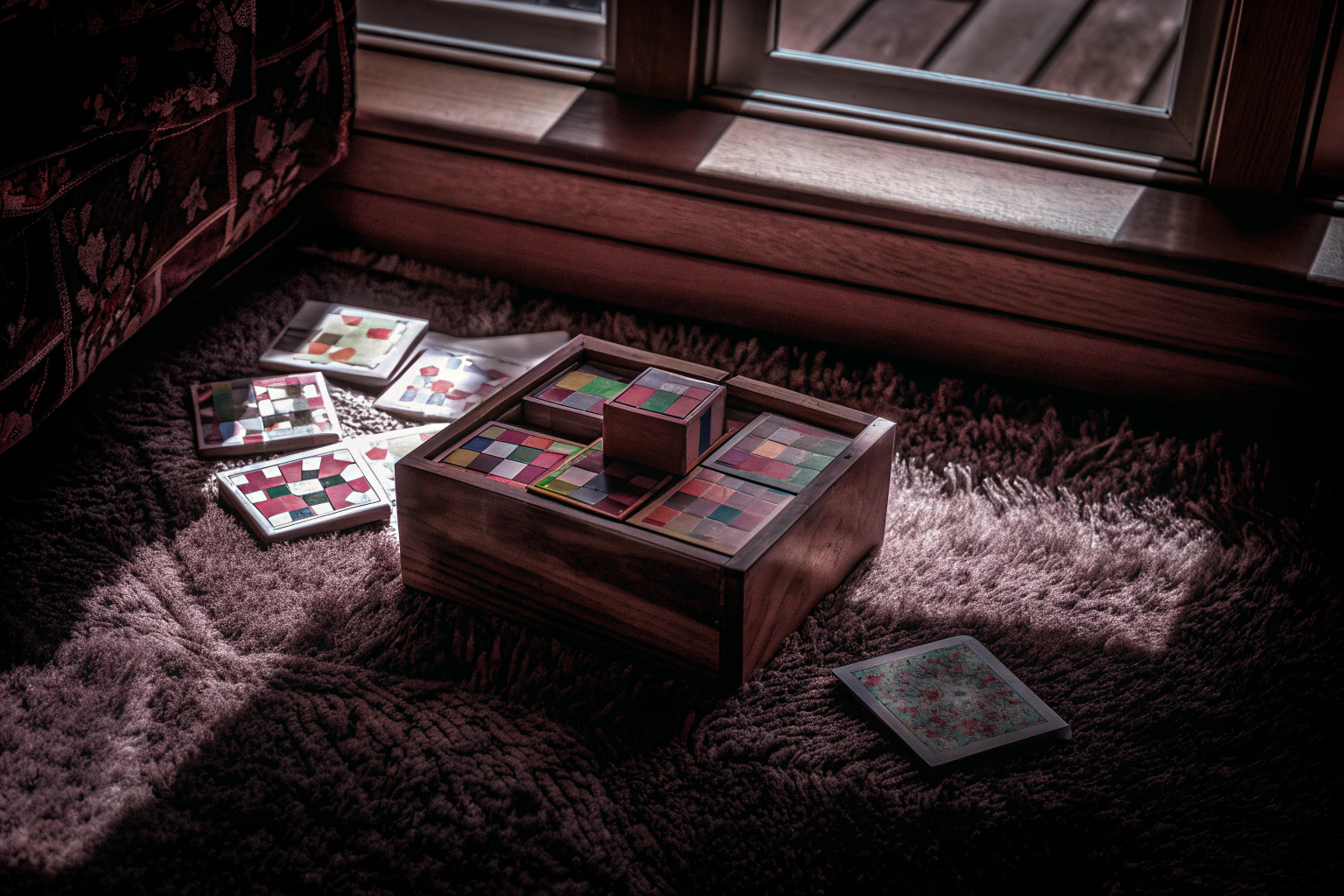Ein Kind, das mit einem bunten Holzwürfel-Puzzle spielt, umgeben von verschiedenen Musterkarten. Kind spielt mit Holzwürfel-Puzzle