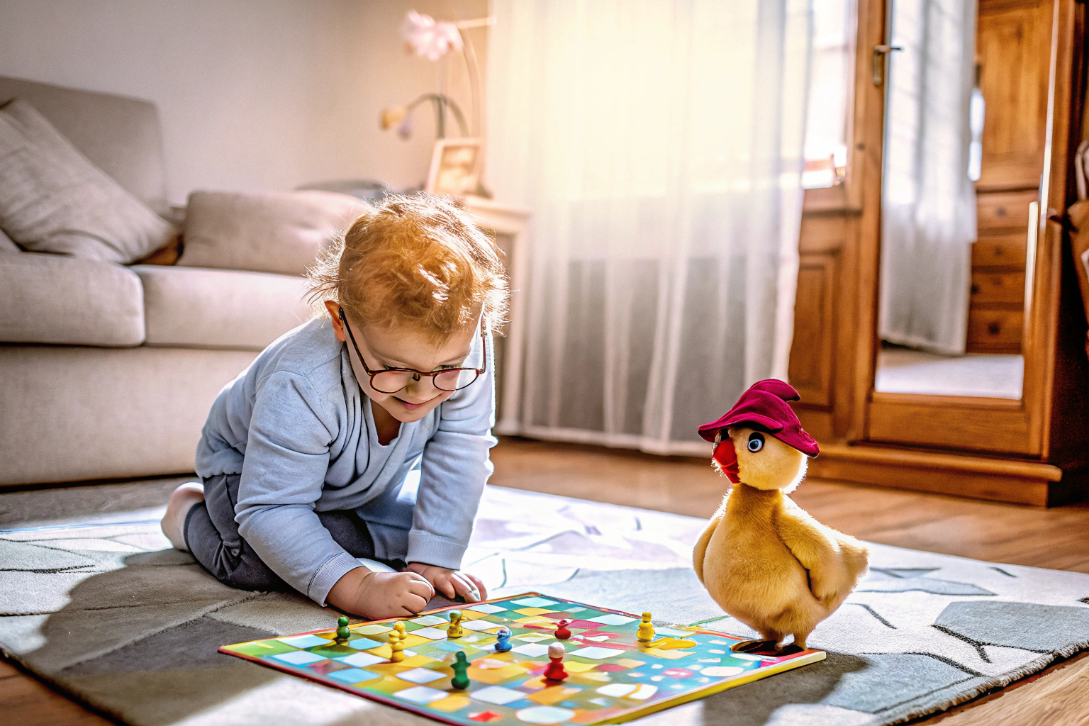 Familienspiel mit einem Huhn