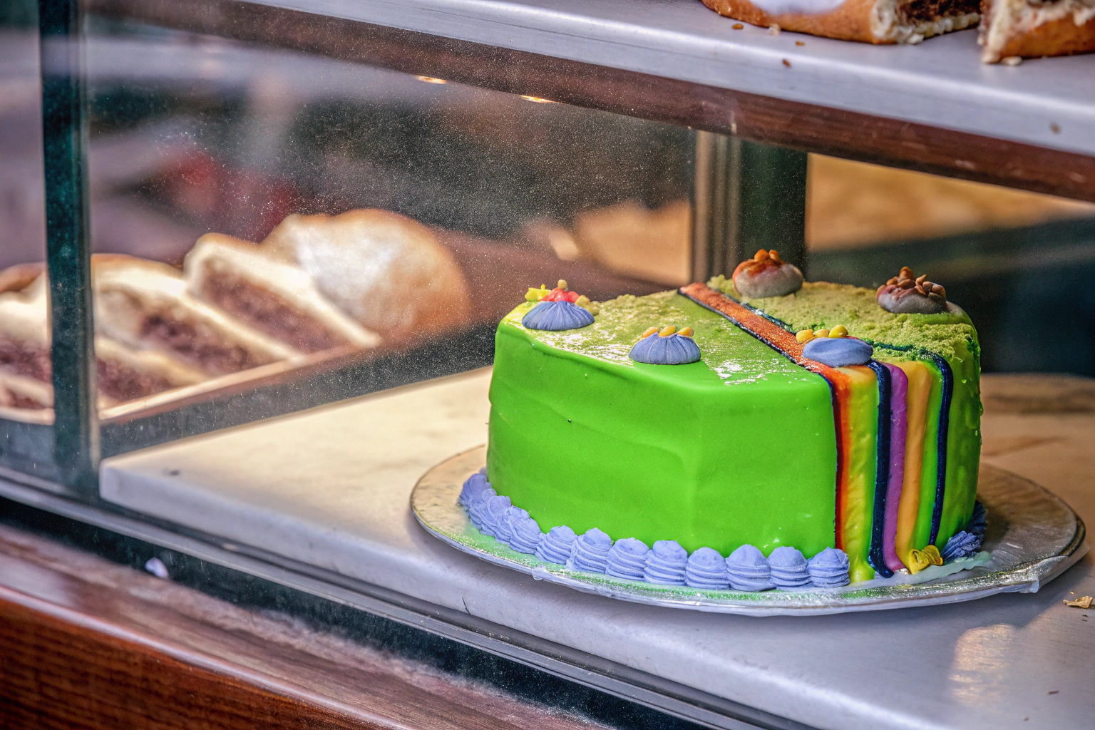 Ein köstlicher Kuchen, der gerade frisch aus dem Ofen kommt und in einer Bäckerei-Vitrine ausgestellt wird. Frischer Kuchen in der Bäckerei