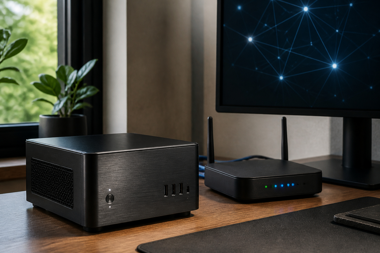 Mini-PC als privater Gameserver neben Router und Monitor