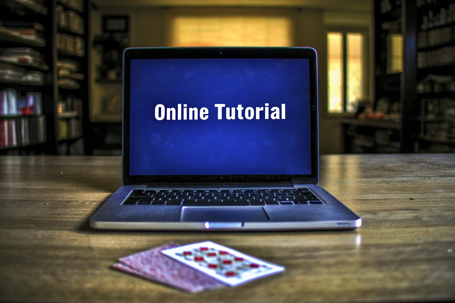 Ein Laptop, auf dem ein Online-Tutorial für ein Kartenspiel läuft. Online-Tutorial Kartenspiel Laptop