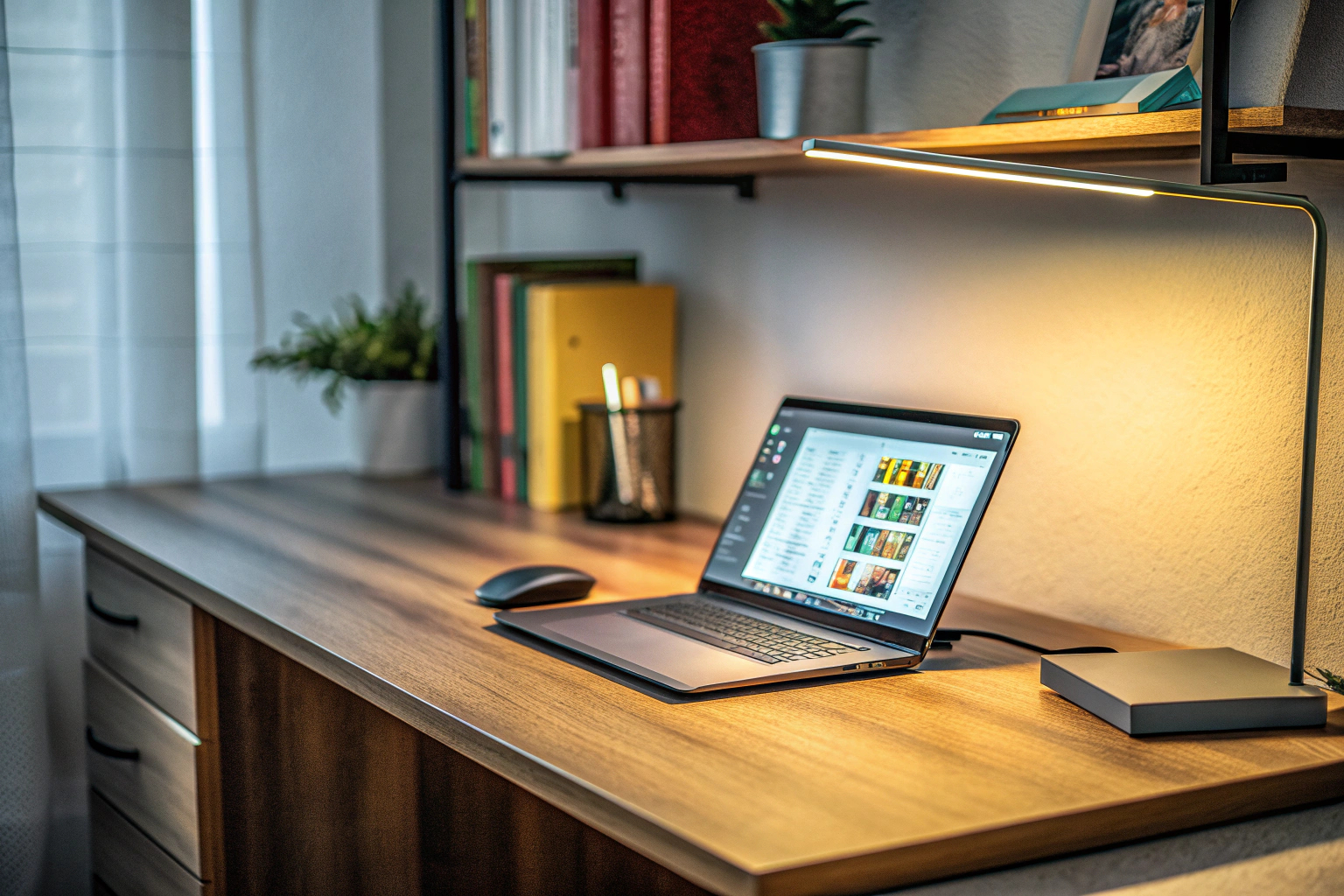 Ein Laptop auf einem Schreibtisch mit einem Maus Jiggler, der den Bildschirm aktiv hält. Laptop mit Mouse Jiggler