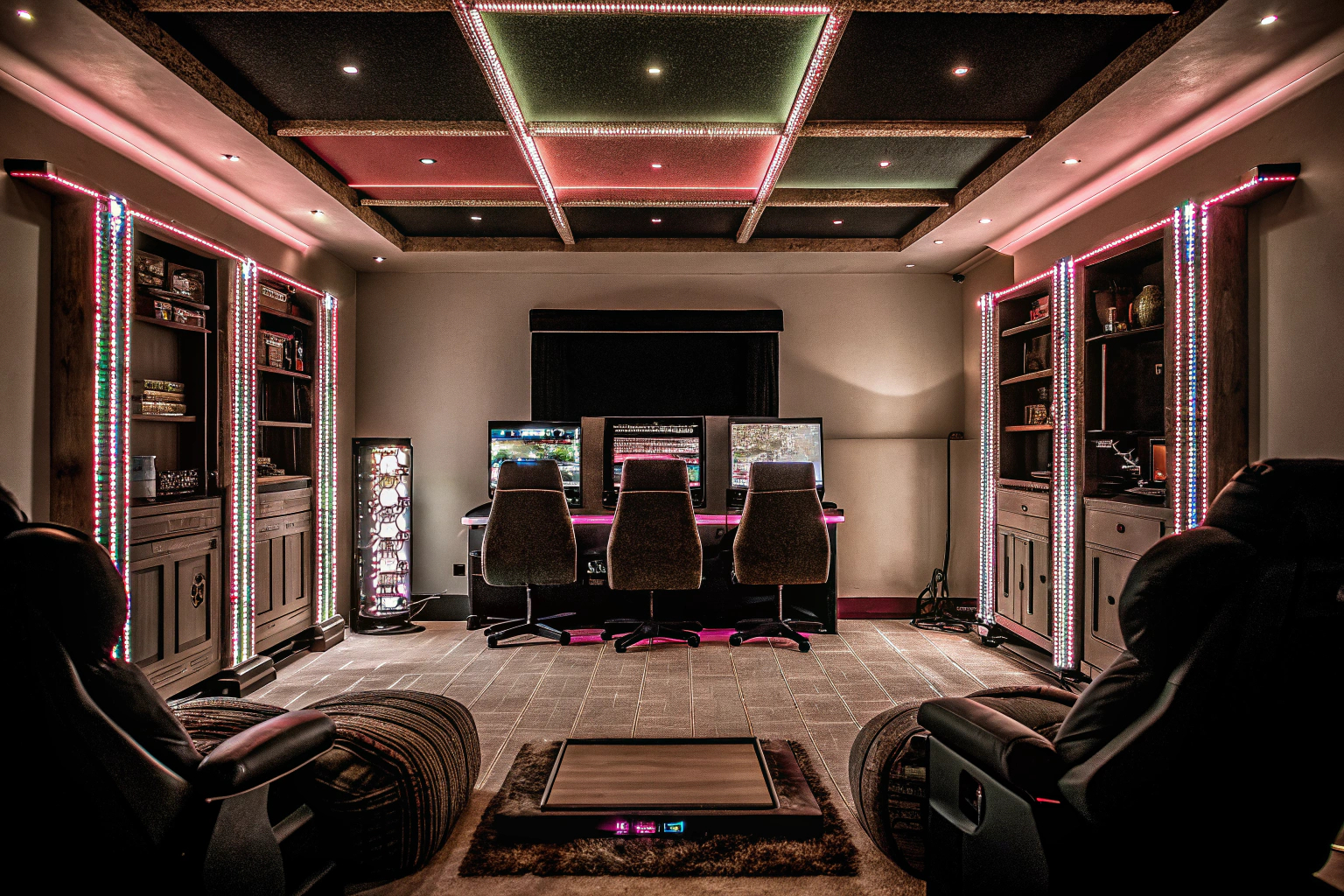 Ein LED-beleuchtetes Gaming-Zimmer, perfekt für eine stimmungsvolle Partyatmosphäre. LED-beleuchtetes Gaming-Zimmer