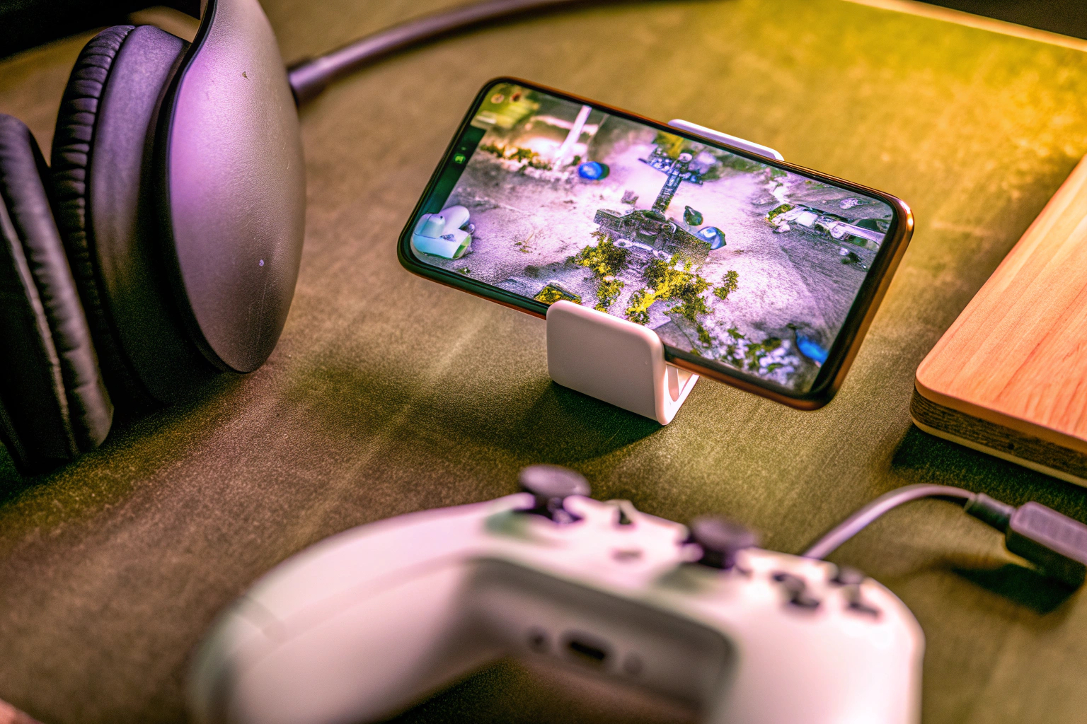 Ein leidenschaftlicher Mobile Gamer, der ein intensives Spiel auf seinem Smartphone spielt, umgeben von Gaming-Zubehör. Mobile Gamer mit Zubehör