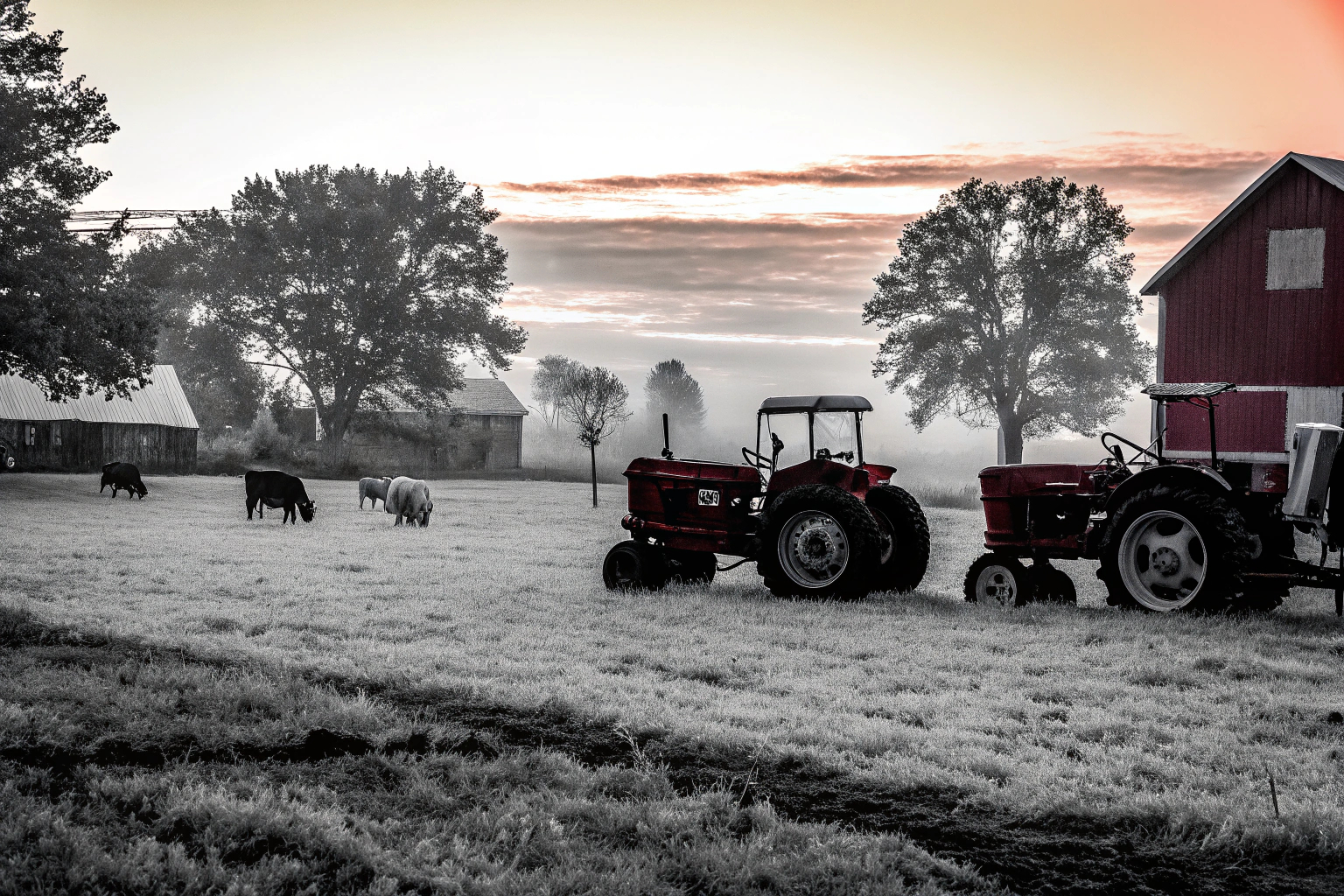 Ein malerischer Bauernhof bei Sonnenaufgang, mit Traktoren auf den Feldern und Tieren auf der Weide. Bauernhof im Morgengrauen