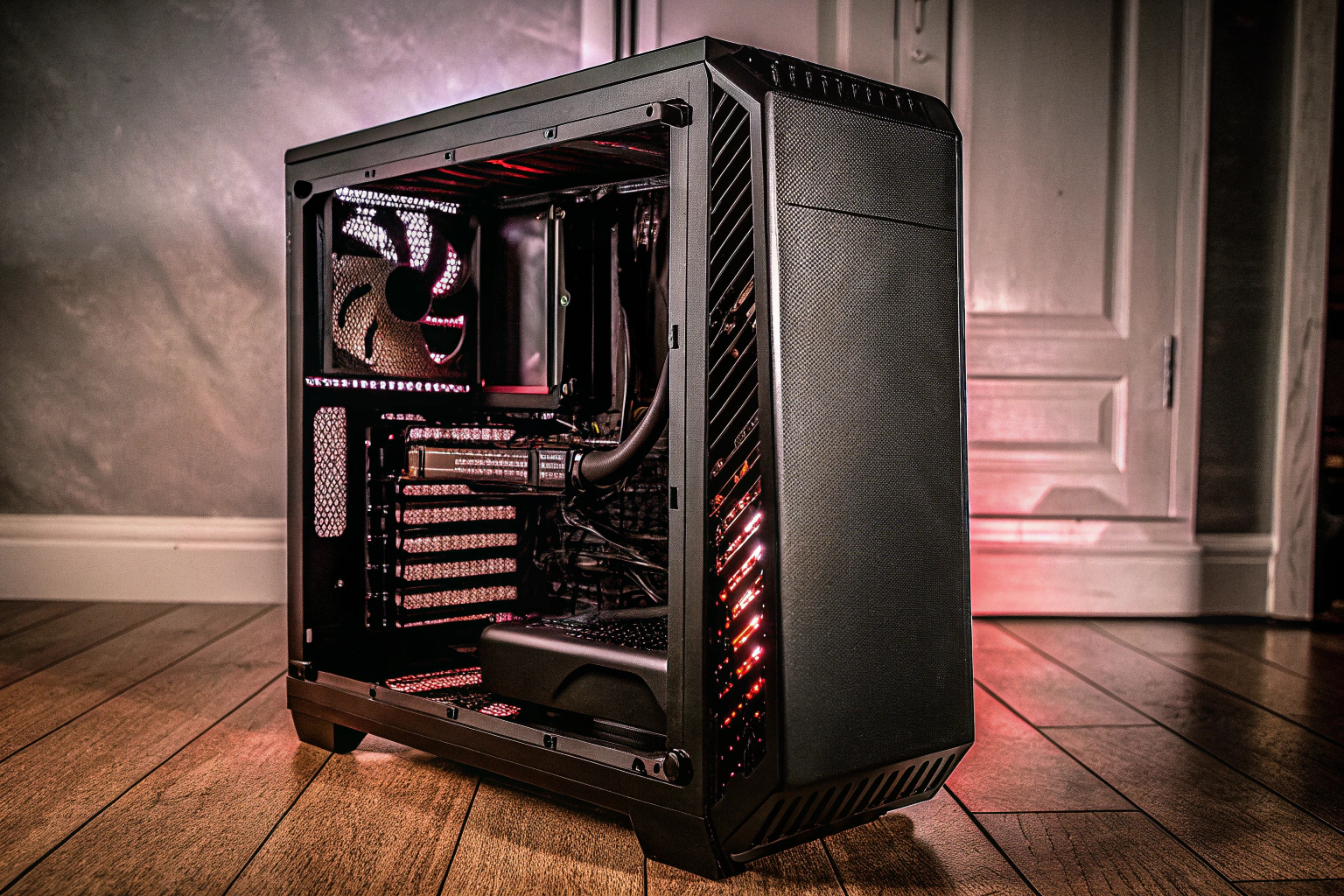 Ein Mid-Tower-PC-Gehäuse mit Seitenansicht, das die möglichen Komponenten und die interne Struktur zeigt. Mid-Tower-PC-Gehäuse mit Komponenten