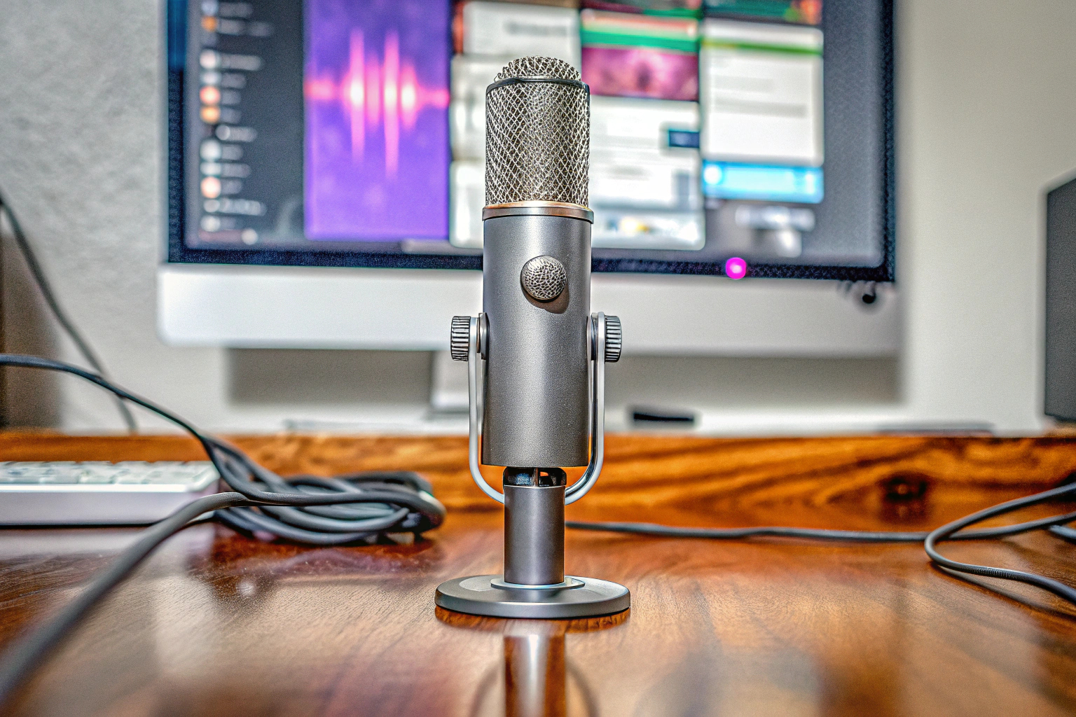 Ein Mikrofon in einem Streaming-Setup, das für hochwertige Audioqualität sorgt. Hochwertiges Streaming-Mikrofon im Einsatz