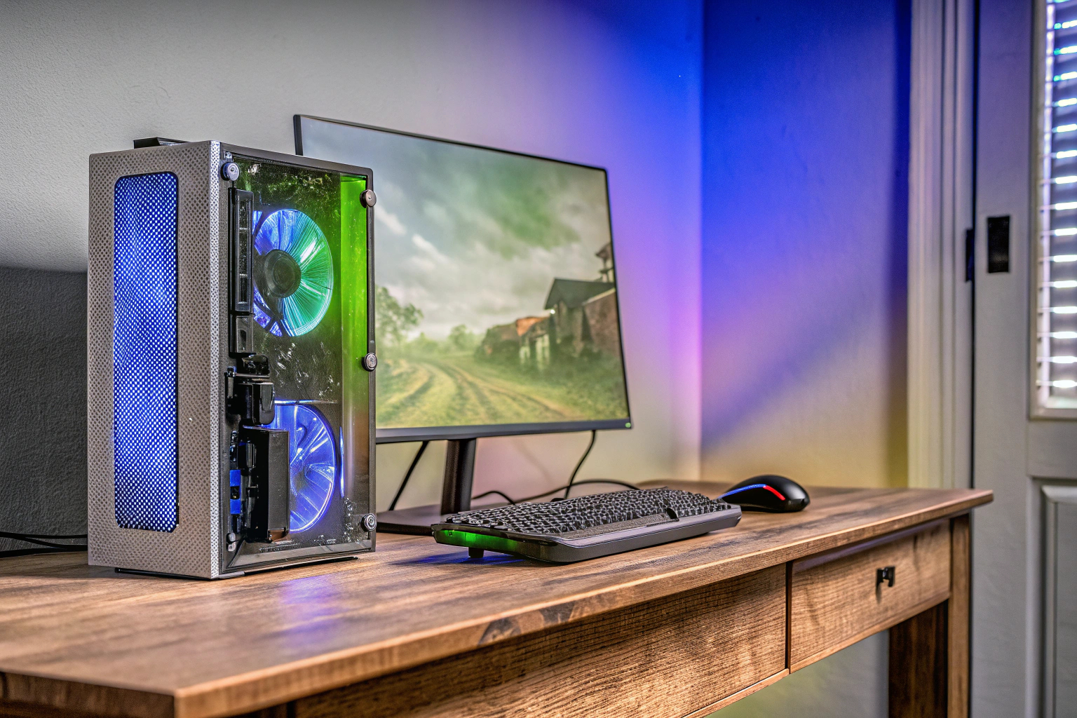 Ein Mittelklasse-Gaming-PC mit RGB-Beleuchtung in Aktion. Mittelklasse-Gaming-PC mit RGB-Beleuchtung
