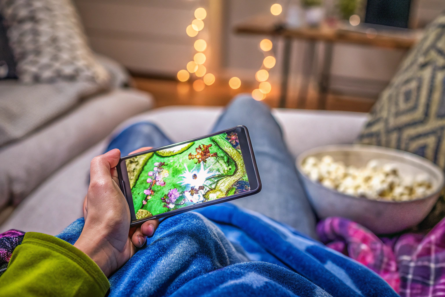 Ein Mobile-Gamer, der mit Begeisterung auf sein Smartphone schaut, während er ein neues Spiel entdeckt. Mobile Gaming Freude