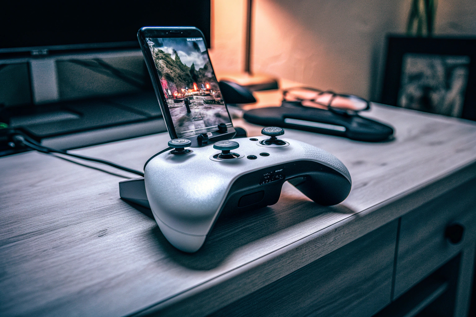 Ein mobiles Gaming-Setup mit einem Smartphone, das über einen Controller mit einem Cloud-Gaming-Dienst verbunden ist. Mobile Gaming-Setup mit Cloud-Gaming